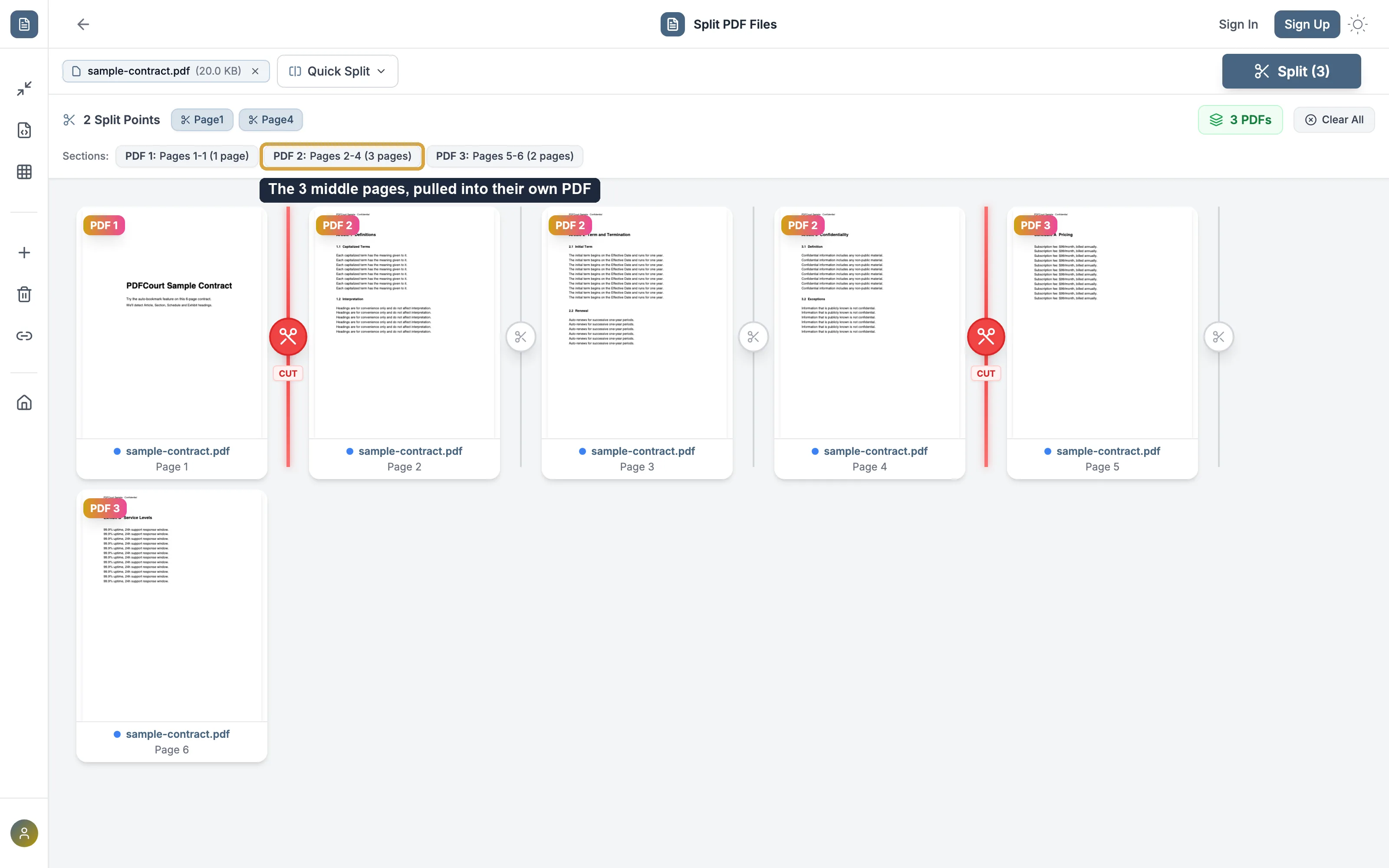 PDFCourt split tool with two cut points added, showing PDF 2: Pages 2-4 labeled as its own section