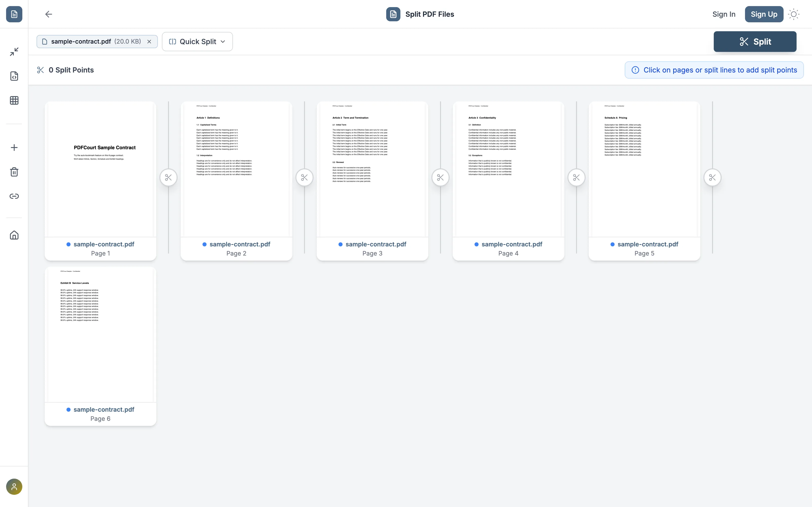 PDFCourt's Split tool loaded with a 6-page PDF, ready to add split points