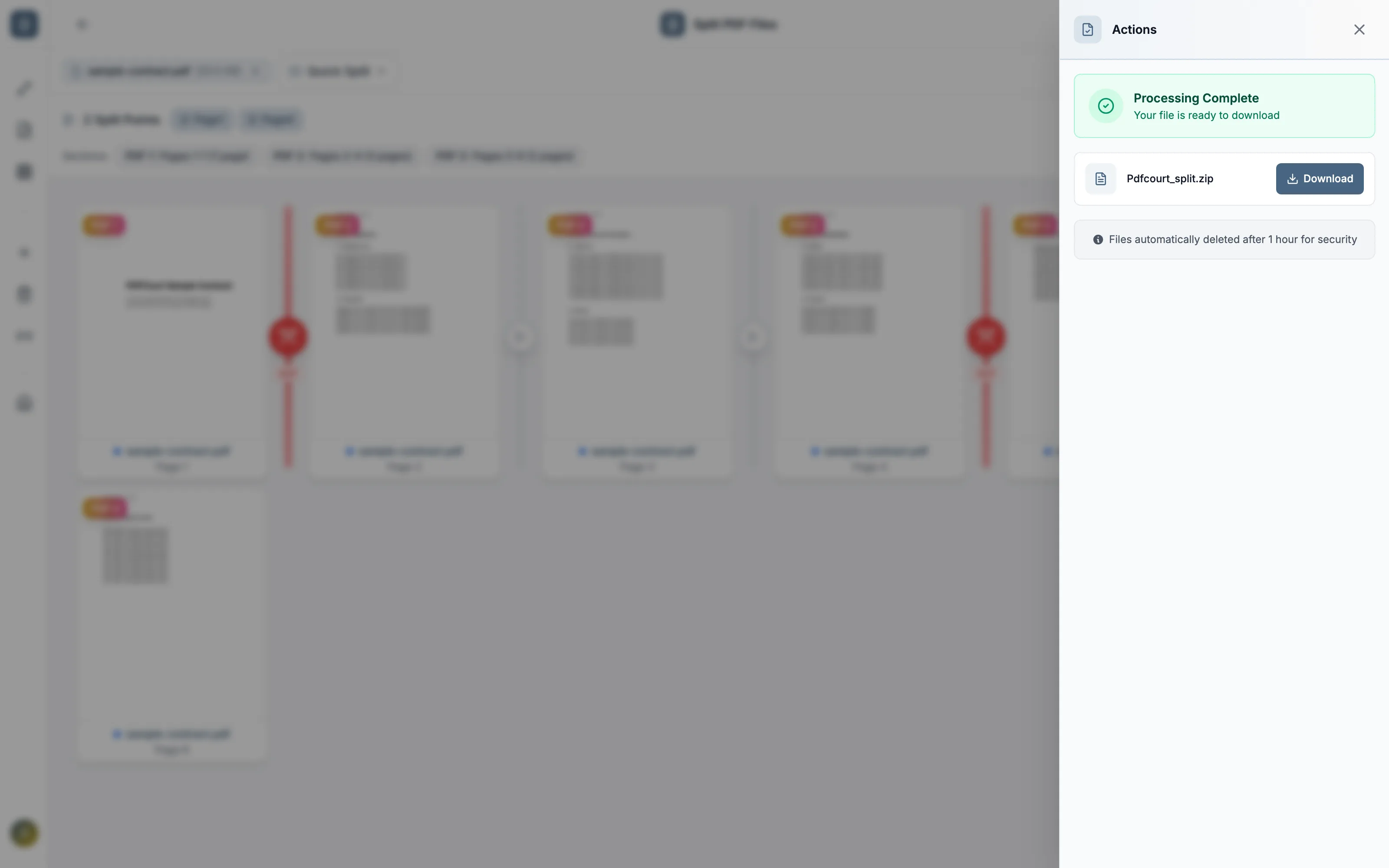 PDFCourt processing complete panel with the split PDF files ready to download as a zip