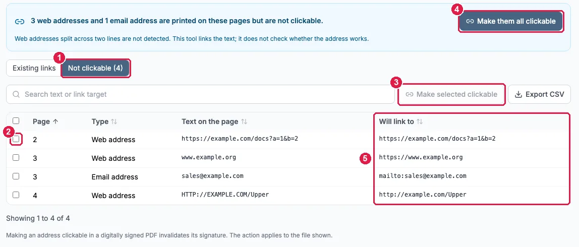 Link Manager Not clickable tab listing three web addresses and one email address with the link each will become