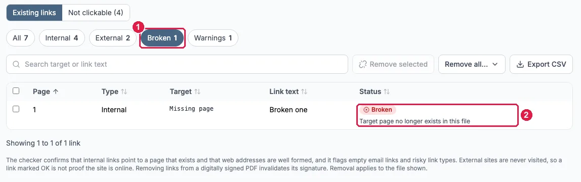 Link Manager with the Broken filter active, showing one internal link with the status Target page no longer exists in this file