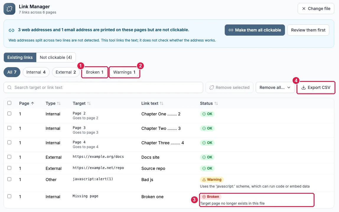 PDFCourt Link Manager results table with Broken and Warnings filter chips, a Status column showing OK, Warning and Broken, and an Export CSV button
