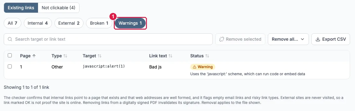 Link Manager with the Warnings filter active, showing one link that uses the javascript scheme