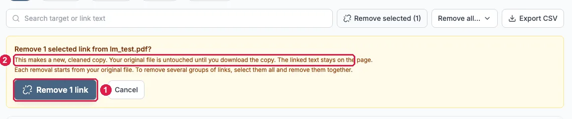 Link Manager confirmation box reading Remove 1 selected link, with a Remove 1 link button and a Cancel button