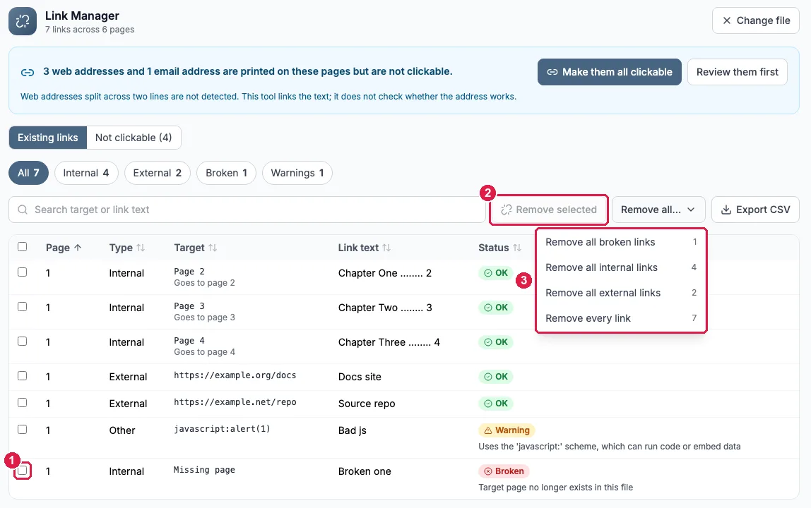 PDFCourt Link Manager listing seven links with a checkbox, a Remove selected button and the Remove all menu open showing broken, internal, external and every link