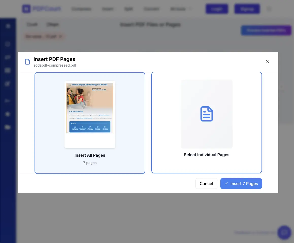 Select if you want to insert all pages or specific pages