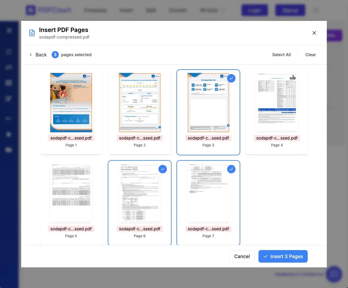 If you want to insert specific pages, select the pages you want to insert