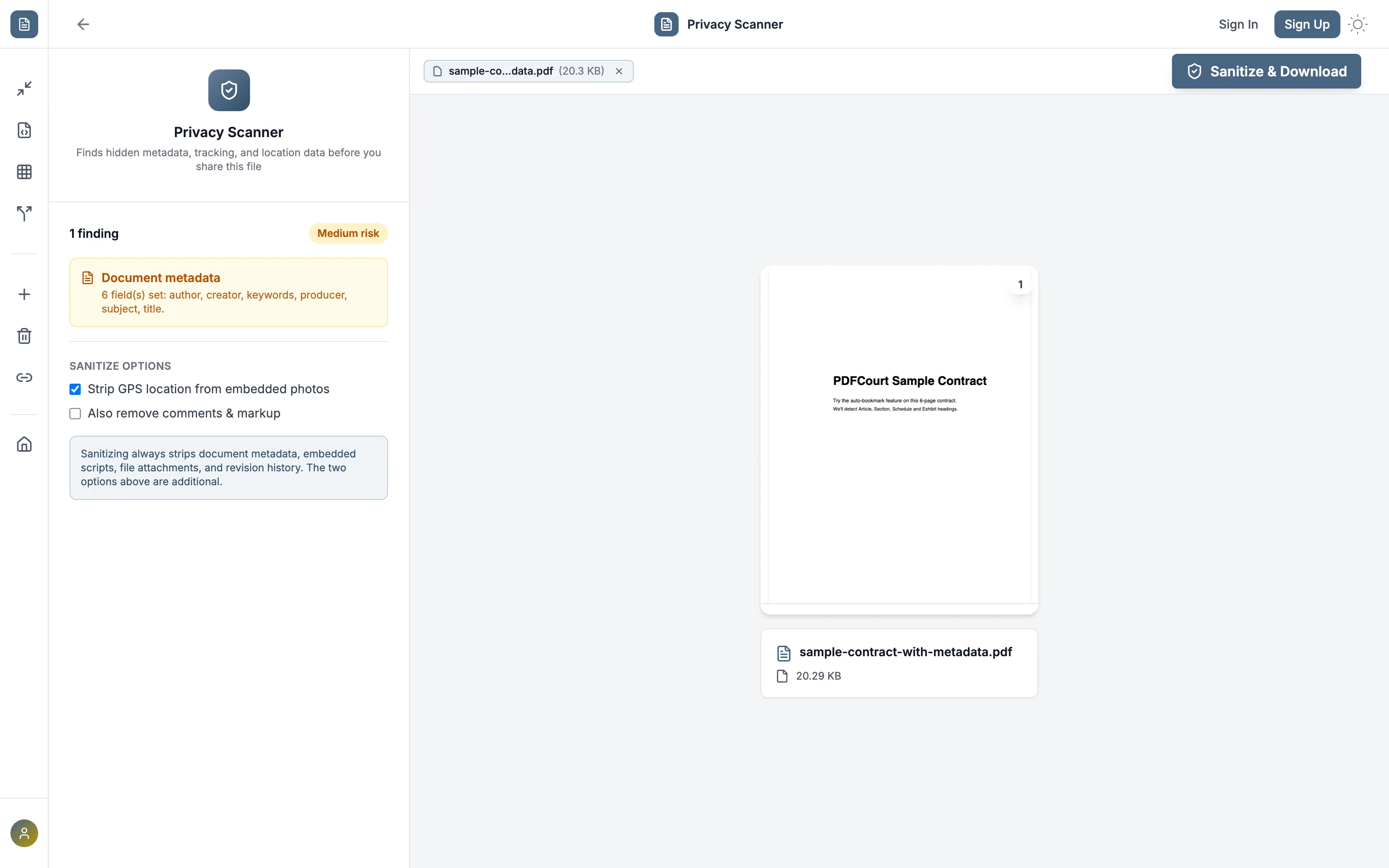 PDFCourt Privacy Scanner showing a document metadata finding with author, creator, keywords, producer, subject, and title fields set