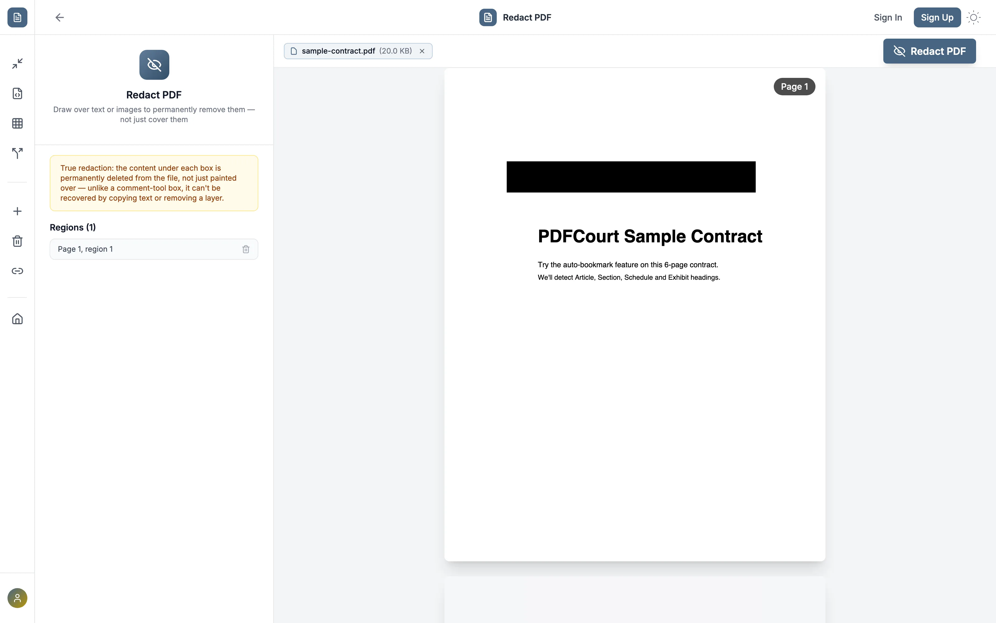 PDFCourt Redact PDF tool with a permanent black redaction box drawn over text, listed under Regions