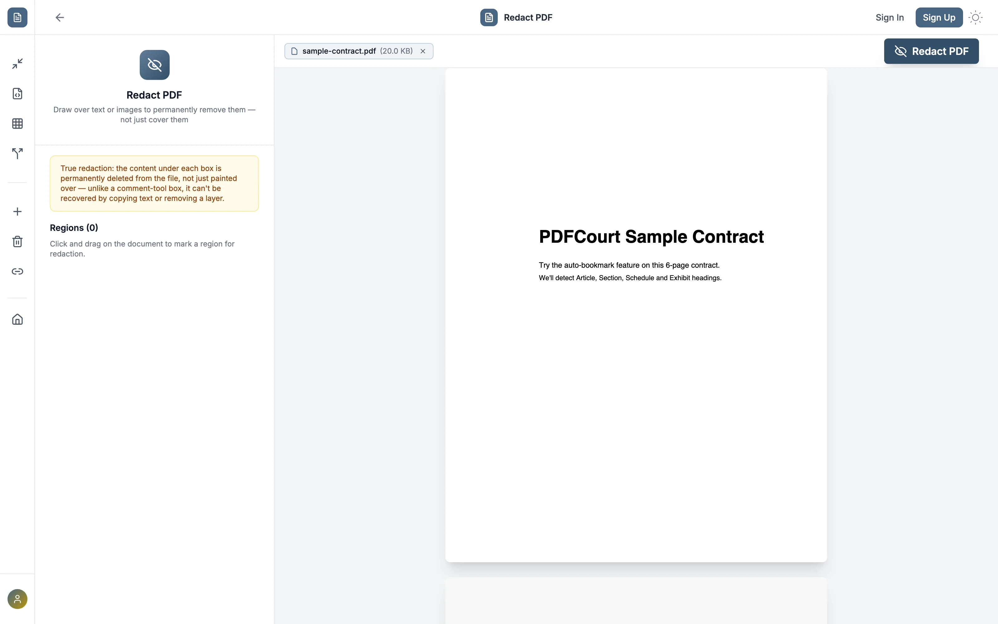 PDFCourt Redact PDF tool loaded with a document, ready to draw redaction regions