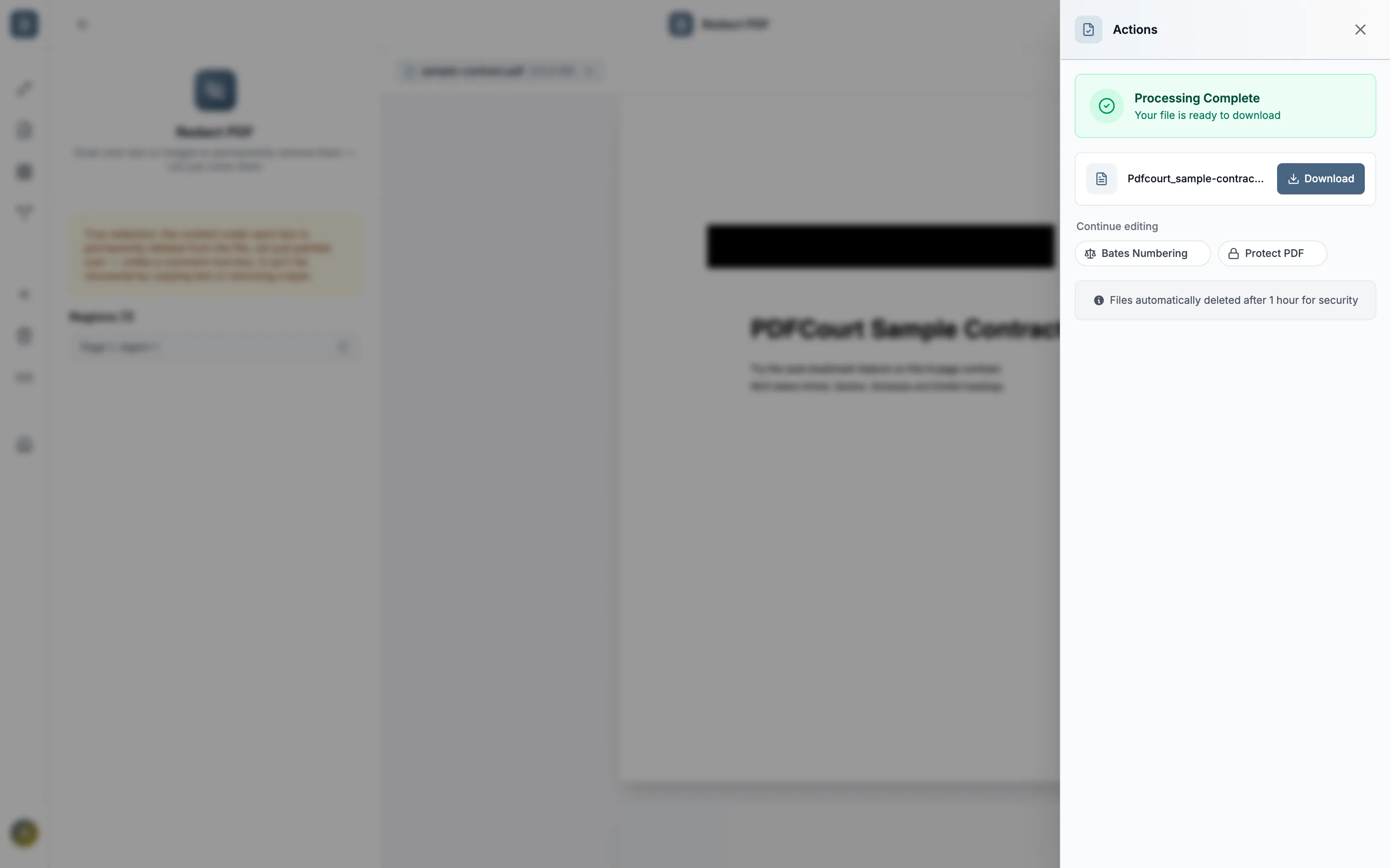PDFCourt processing complete panel with the redacted PDF ready to download