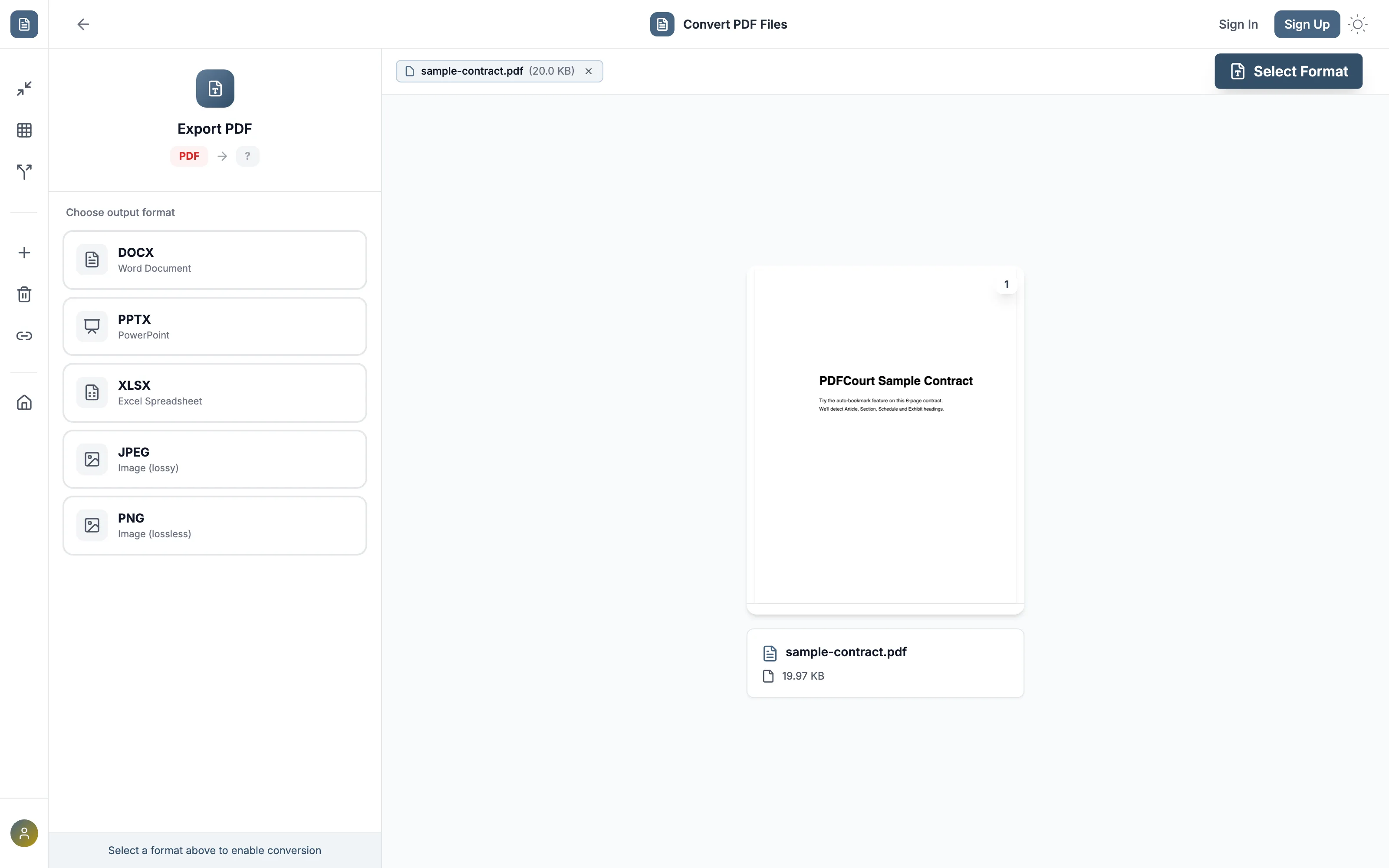 PDFCourt convert tool loaded with a PDF, showing DOCX, PPTX, XLSX, JPEG, and PNG output options
