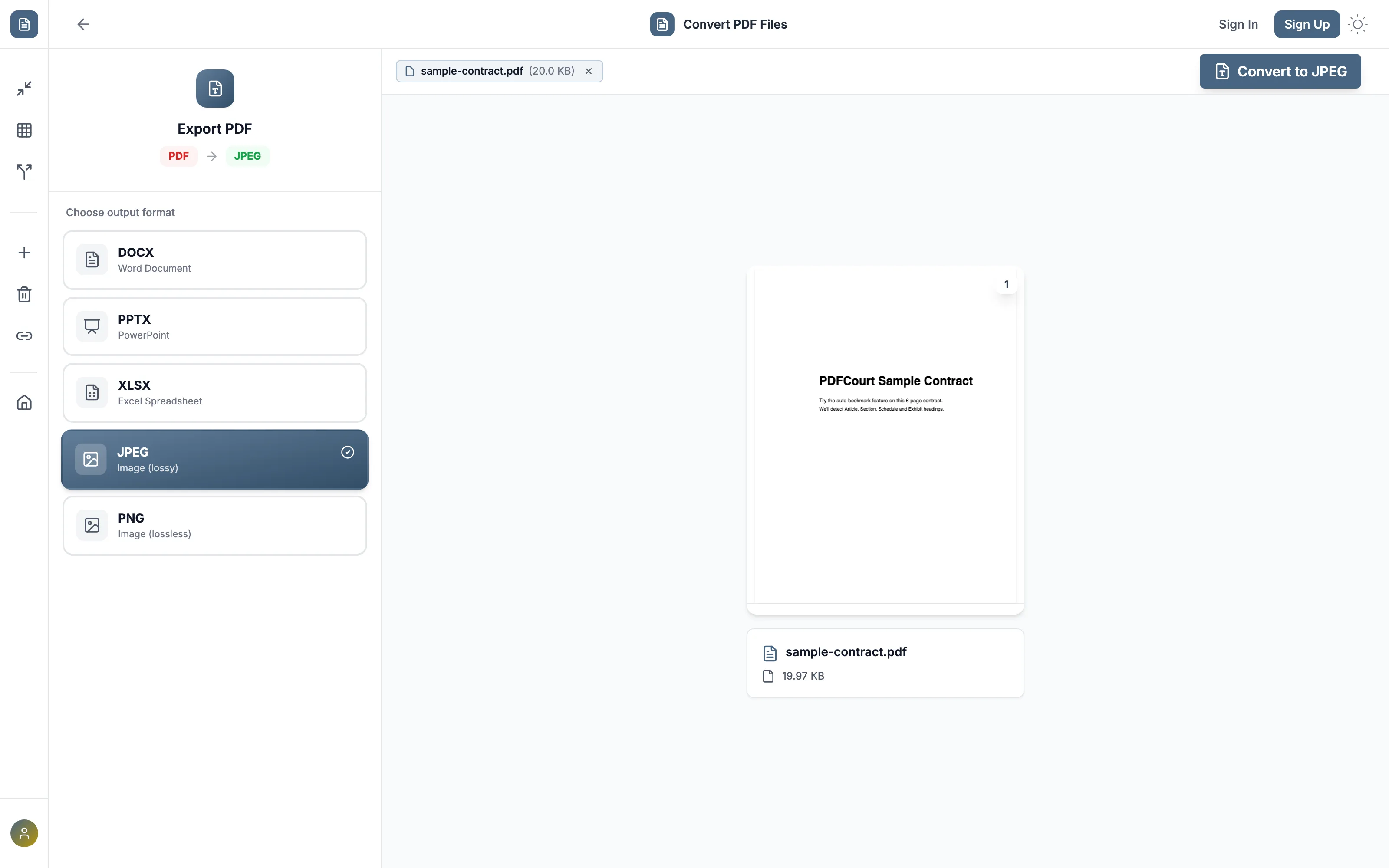 PDFCourt convert tool with JPEG selected as the output format for a PDF