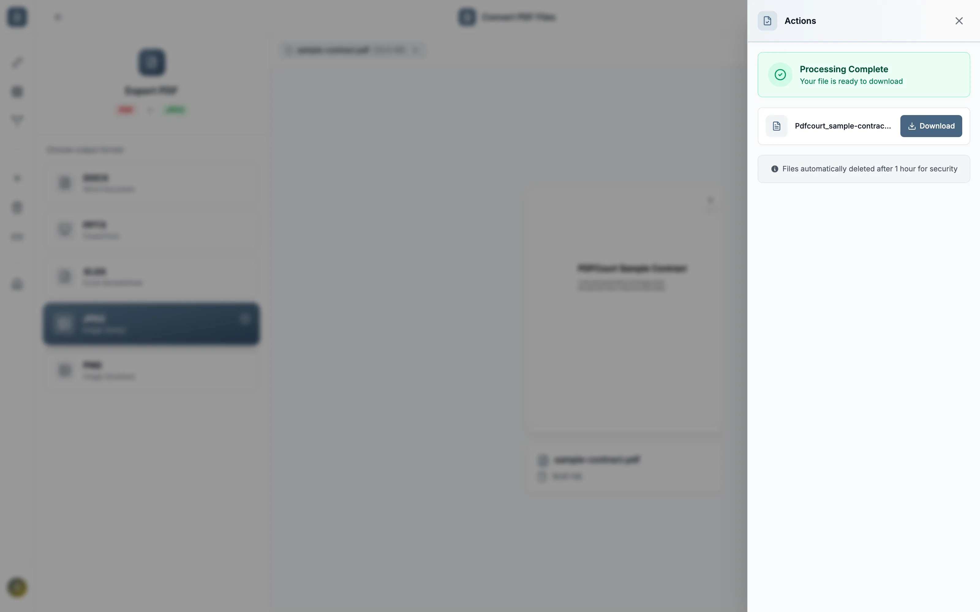 PDFCourt processing complete panel with the converted JPEG images ready to download