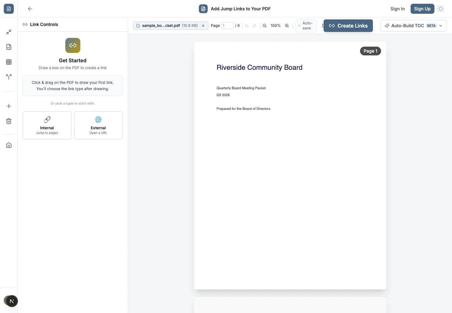 PDF uploaded and ready to link, showing the Internal/External link type picker