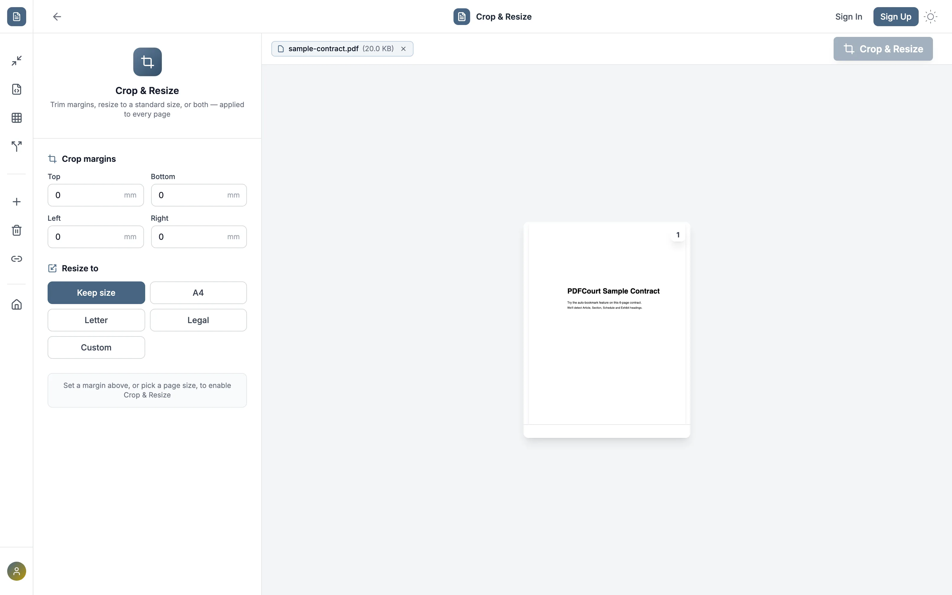 PDFCourt's Crop & Resize tool loaded with a PDF
