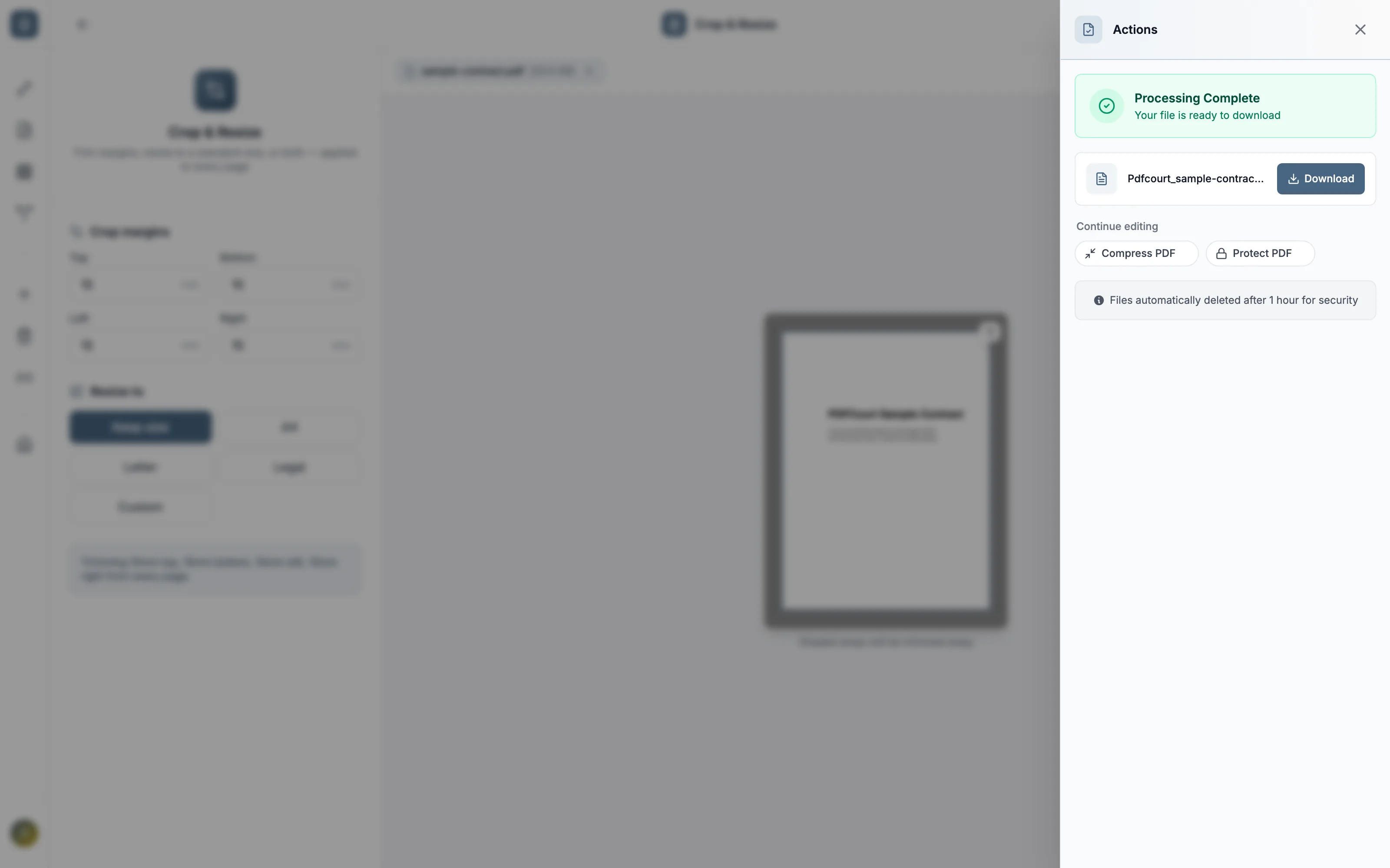 PDFCourt processing complete panel with the cropped PDF ready to download