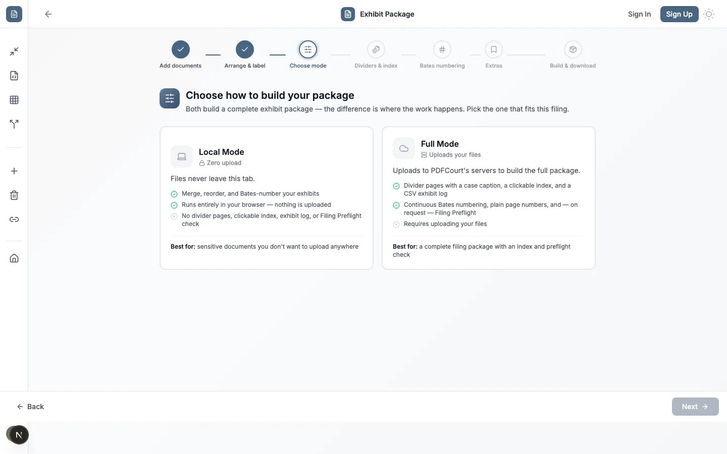 Choose how to build your package screen, showing Local Mode (files never leave this tab) and Full Mode (uploads to PDFCourt's servers) side by side with matching bullet lists