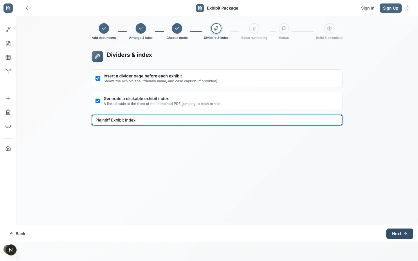 Dividers and index step with two checked options: insert a divider page before each exhibit, and generate a clickable exhibit index titled Plaintiff Exhibit Index