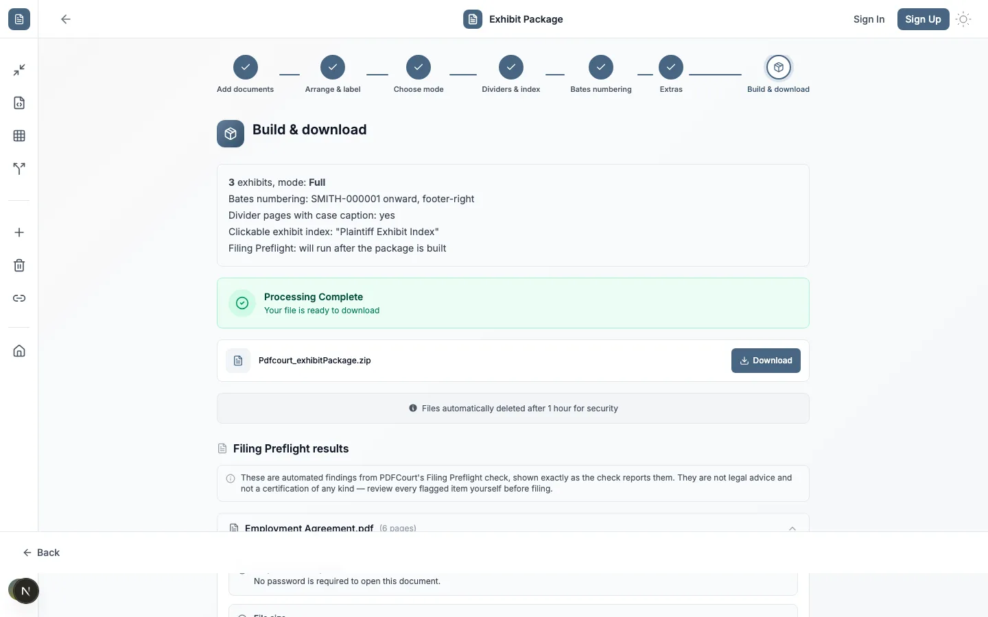 Full Mode build result: a zip download, a note that files are automatically deleted after 1 hour, and the start of the Filing Preflight results section