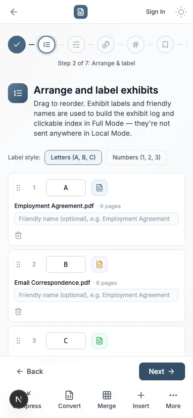 Mobile view of the Arrange and label exhibits step, showing exhibits A, B, and C with drag handles and friendly name fields