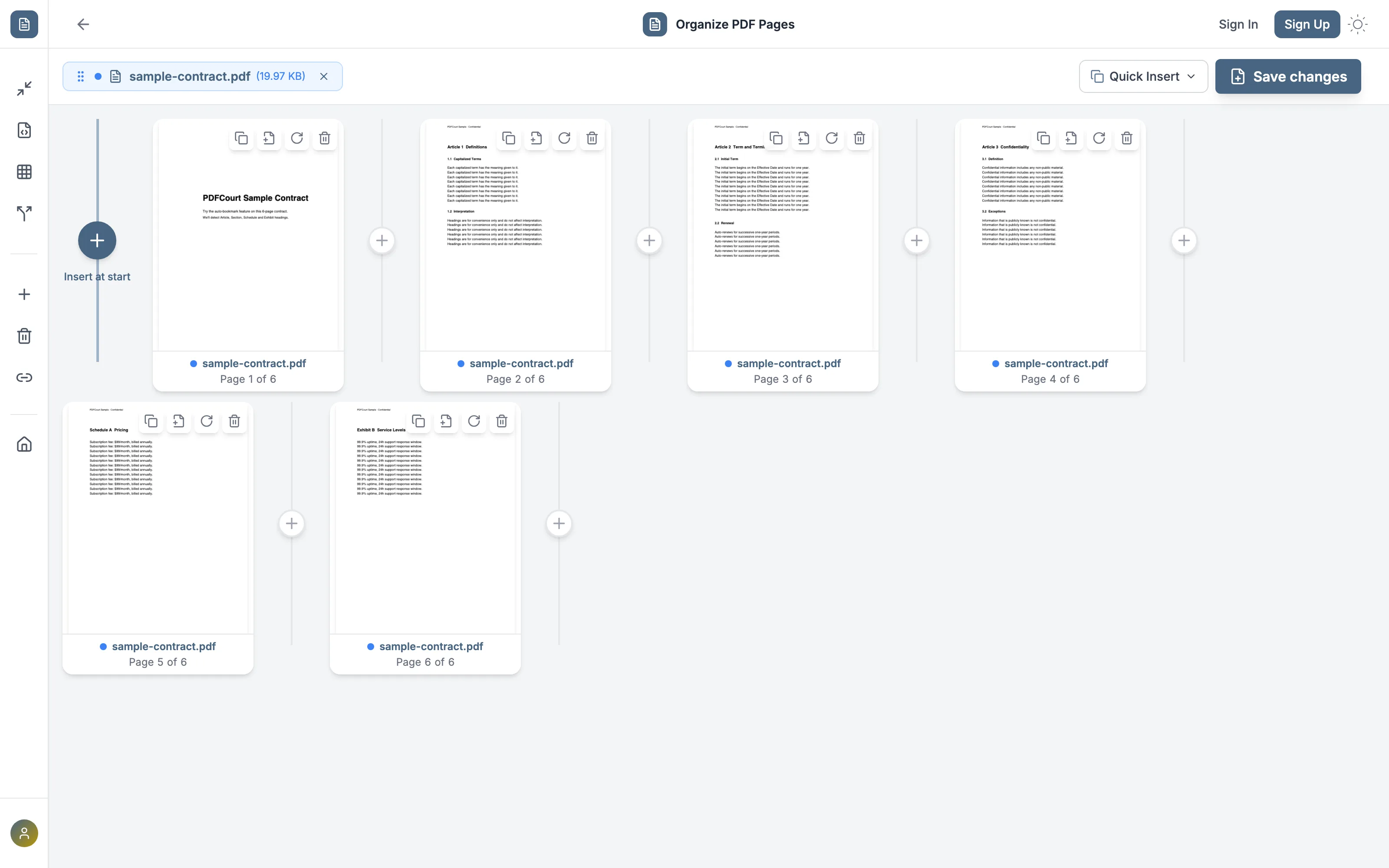 PDFCourt's Organize PDF Pages editor showing a 6-page contract with per-page duplicate, insert, rotate, and delete controls
