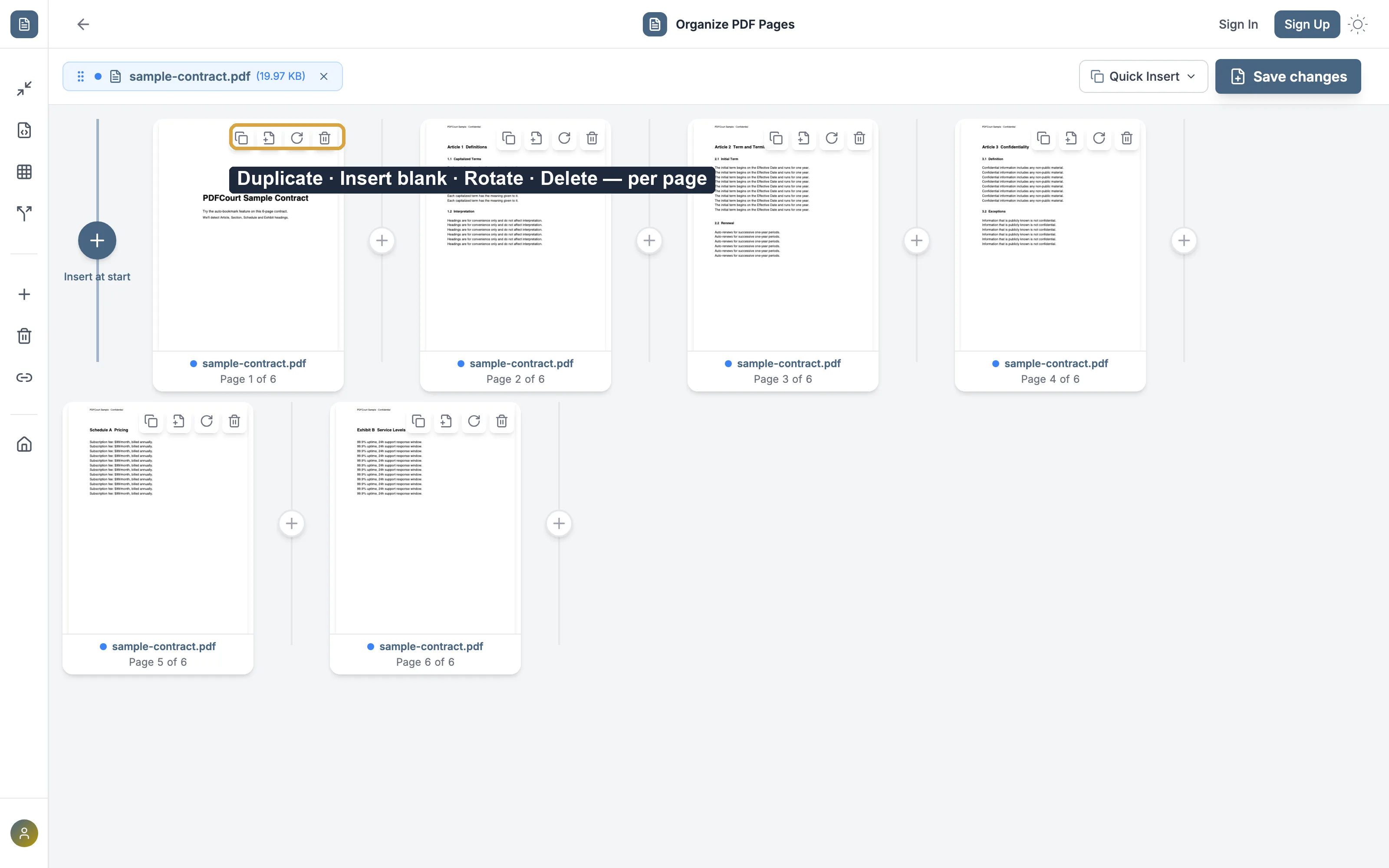 Per-page duplicate, insert blank, rotate, and delete icons highlighted on a PDFCourt page thumbnail