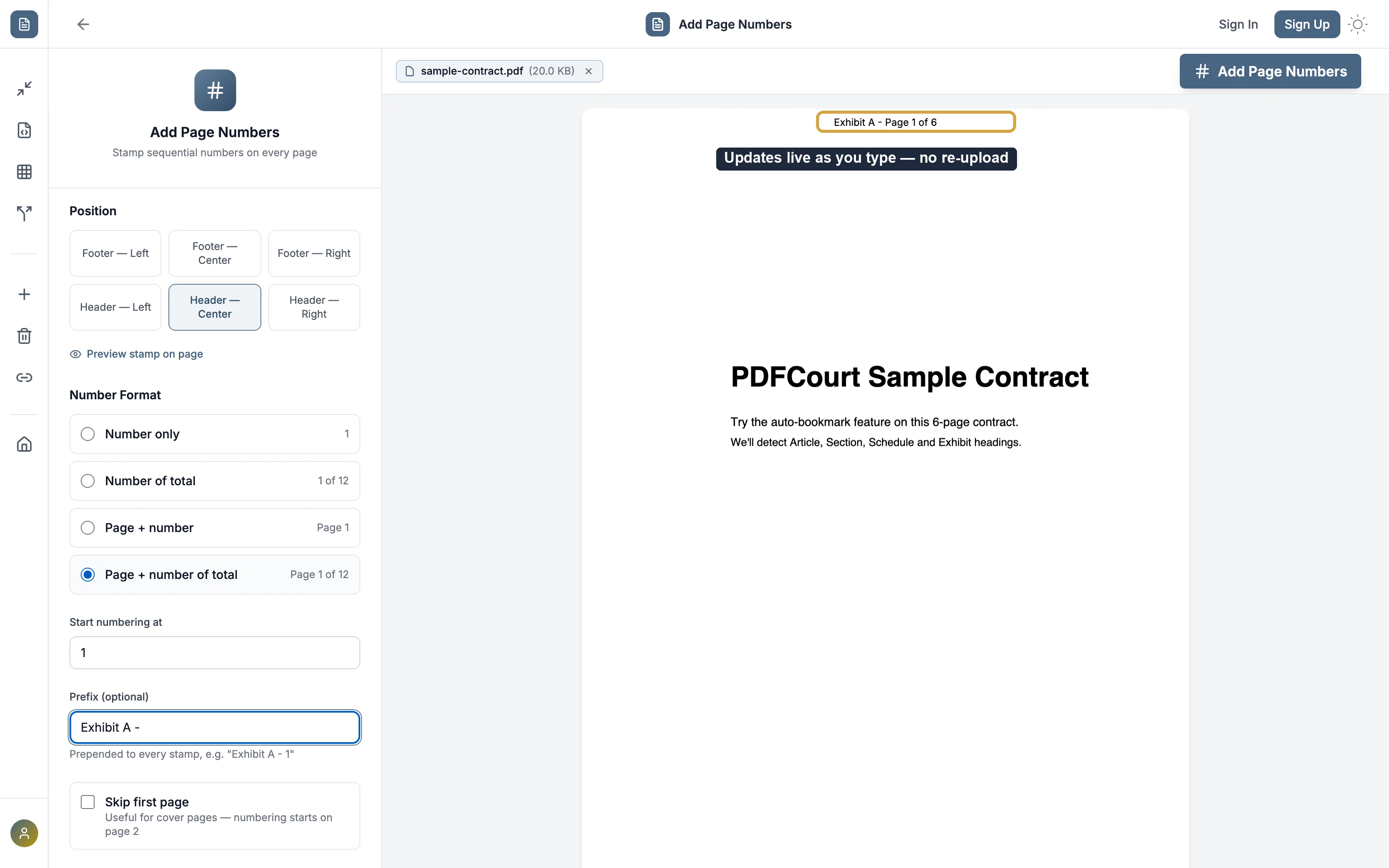 PDFCourt page numbers tool showing a live preview stamp reading Exhibit A - Page 1 of 6