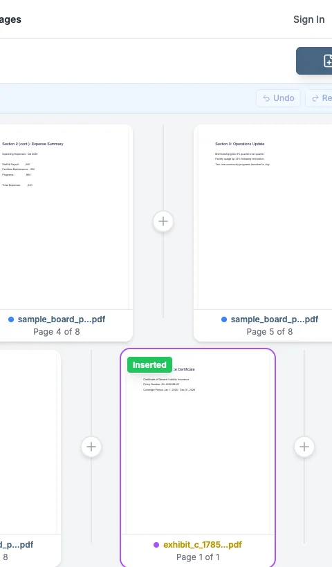 A newly inserted exhibit page shown in a board packet assembly, highlighted with an Inserted badge